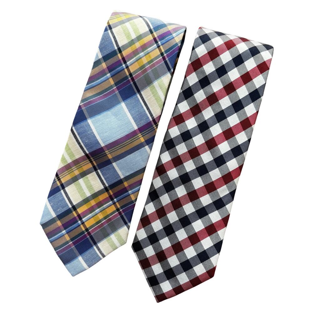 Charles Tyrwhitt neck ties (2) plaid silk linen blend red white blue summertime